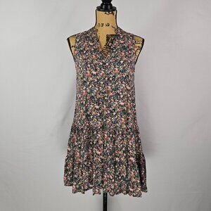 Nine West Sleeveless Floral Dress S Black Pink Green 100% Rayon Ruffle Hem Boho